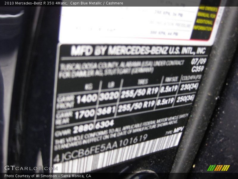 2010 R 350 4Matic Capri Blue Metallic Color Code 359