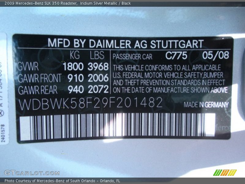 2009 SLK 350 Roadster Iridium Silver Metallic Color Code 775
