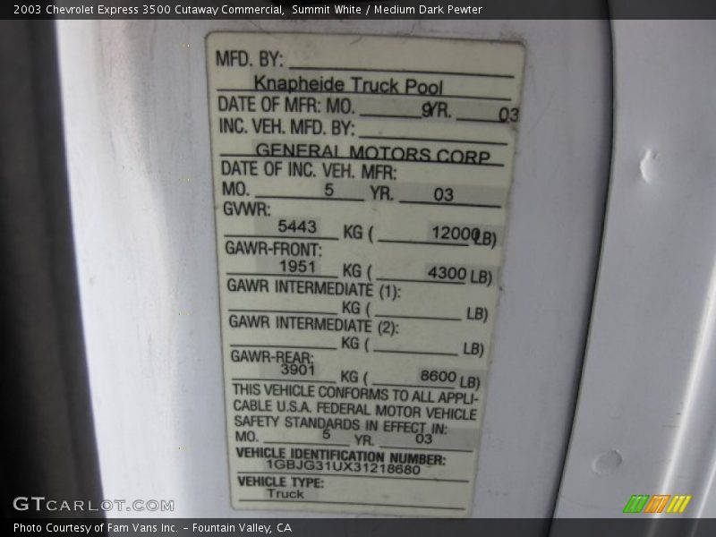 Summit White / Medium Dark Pewter 2003 Chevrolet Express 3500 Cutaway Commercial