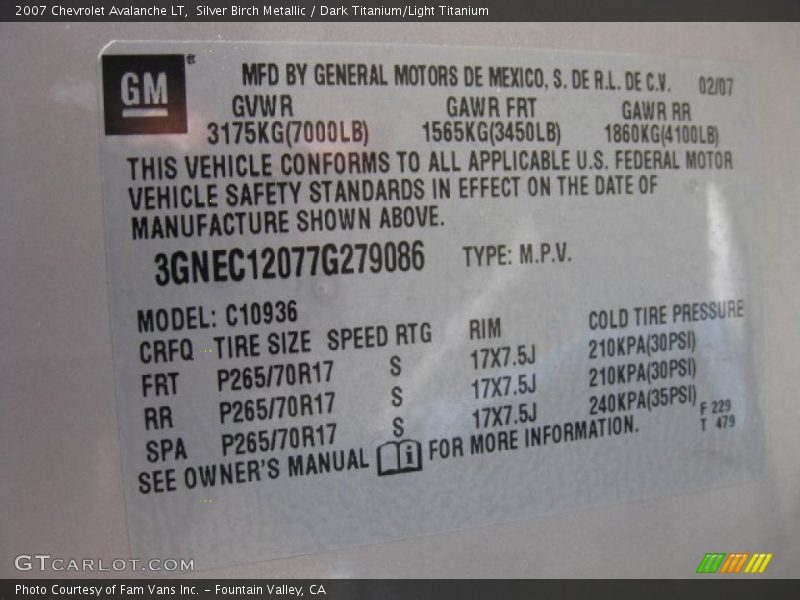 Silver Birch Metallic / Dark Titanium/Light Titanium 2007 Chevrolet Avalanche LT