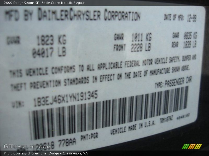 2000 Stratus SE Shale Green Metallic Color Code PGR