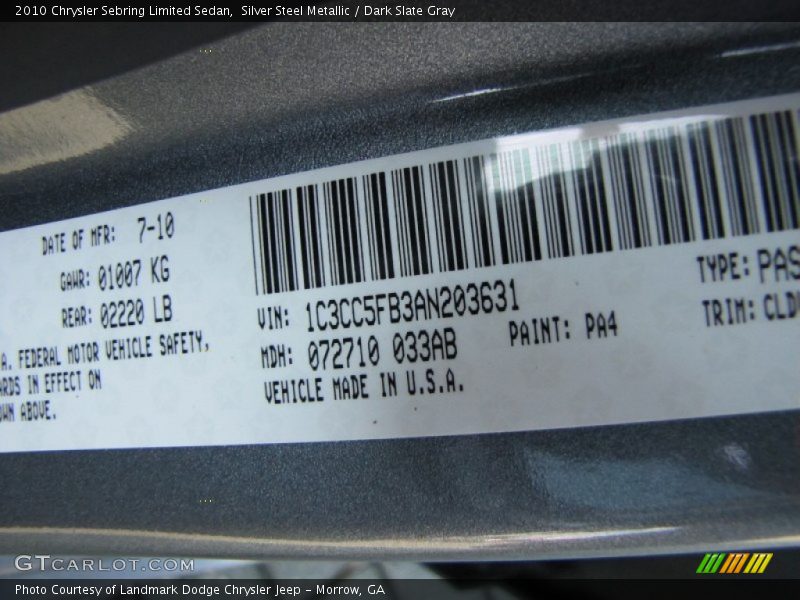 Silver Steel Metallic / Dark Slate Gray 2010 Chrysler Sebring Limited Sedan