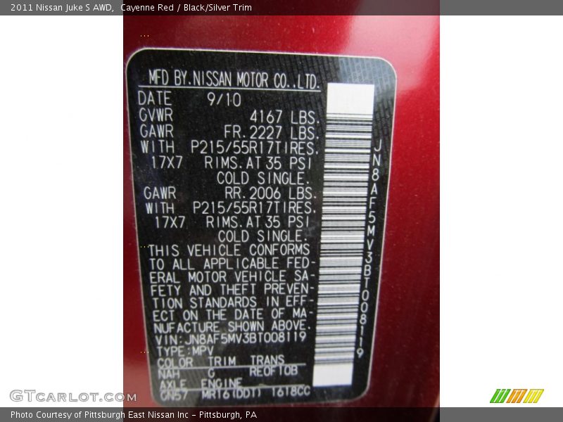 2011 Juke S AWD Cayenne Red Color Code NAH