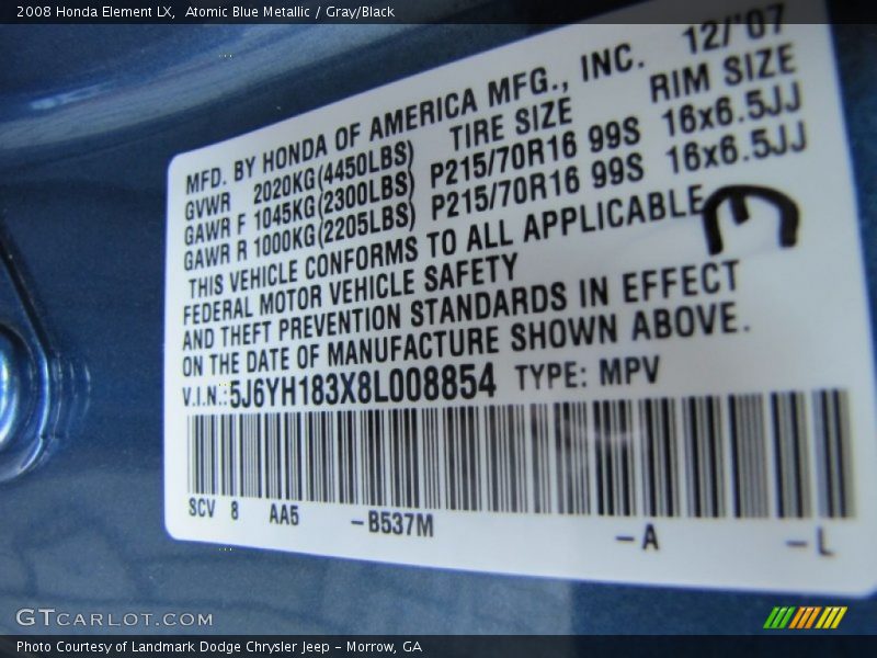 Atomic Blue Metallic / Gray/Black 2008 Honda Element LX