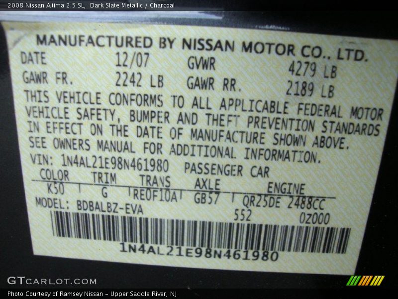 Dark Slate Metallic / Charcoal 2008 Nissan Altima 2.5 SL