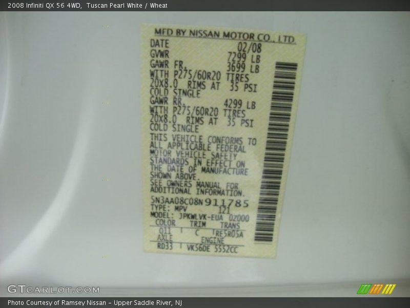 Tuscan Pearl White / Wheat 2008 Infiniti QX 56 4WD