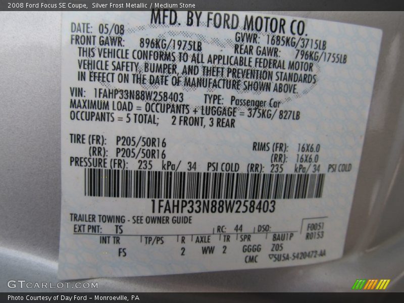 2008 Focus SE Coupe Silver Frost Metallic Color Code TS