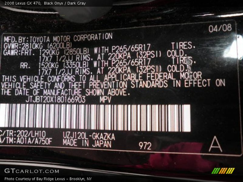 Black Onyx / Dark Gray 2008 Lexus GX 470