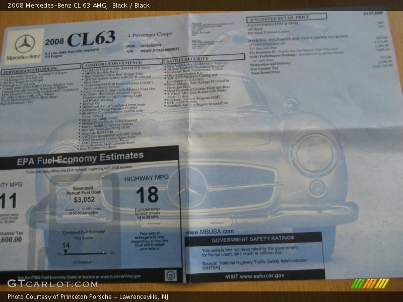  2008 CL 63 AMG Window Sticker