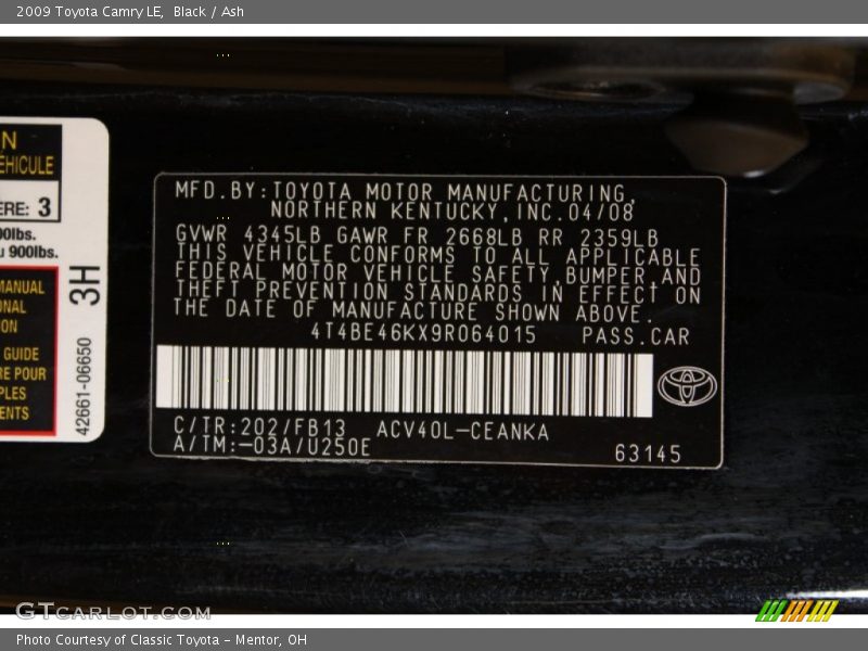 Black / Ash 2009 Toyota Camry LE