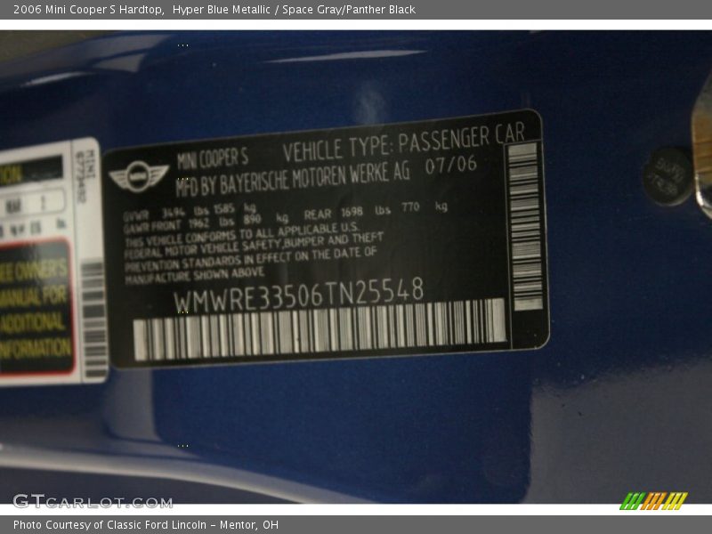 Hyper Blue Metallic / Space Gray/Panther Black 2006 Mini Cooper S Hardtop