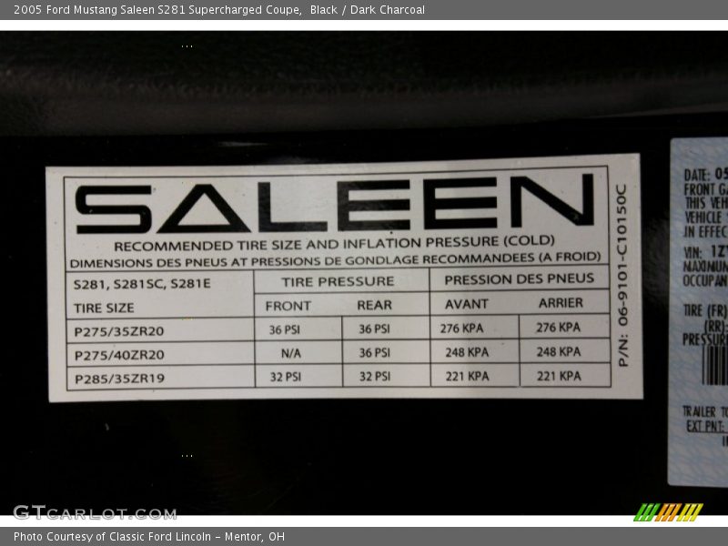 Info Tag of 2005 Mustang Saleen S281 Supercharged Coupe