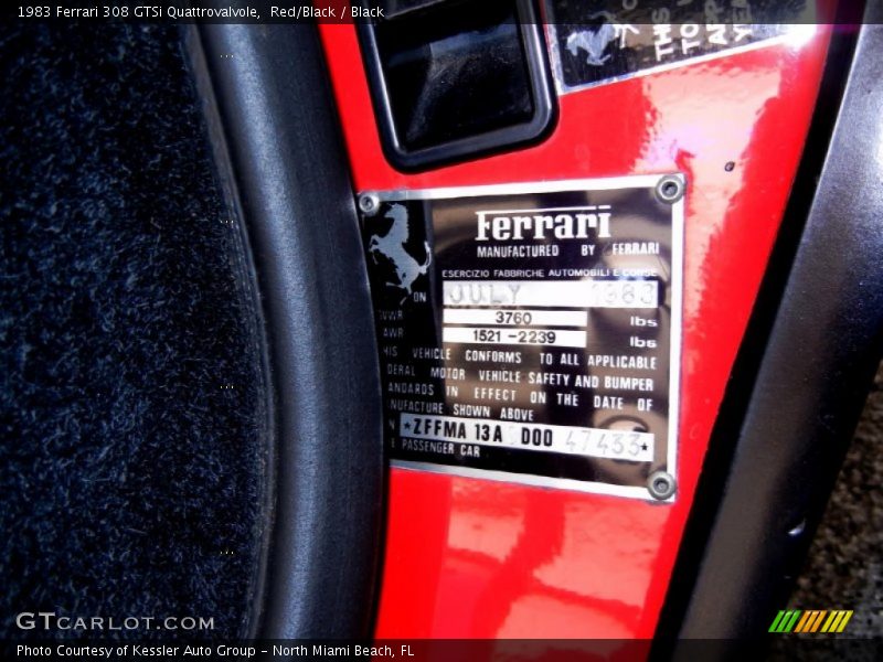 Info Tag of 1983 308 GTSi Quattrovalvole