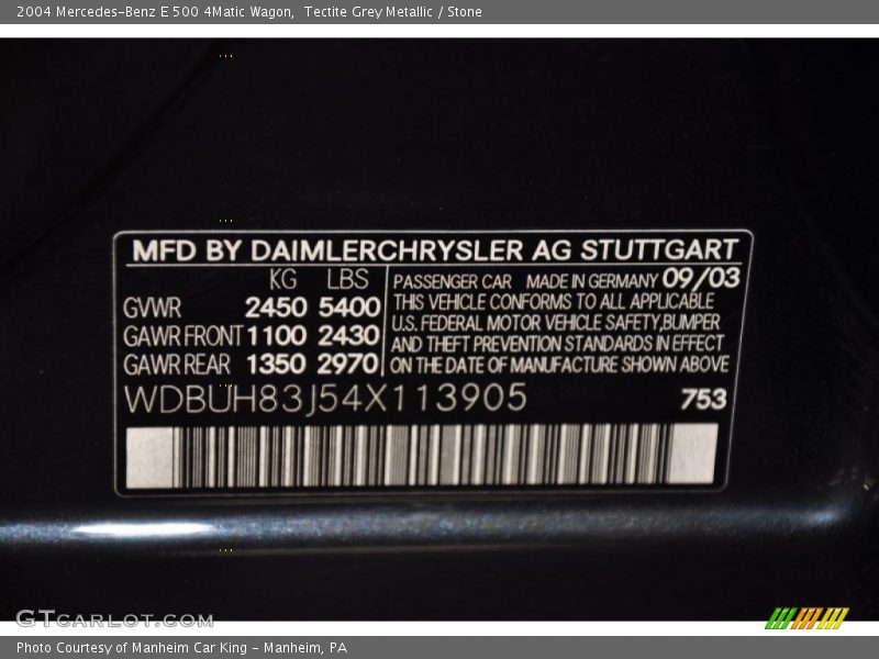 2004 E 500 4Matic Wagon Tectite Grey Metallic Color Code 753