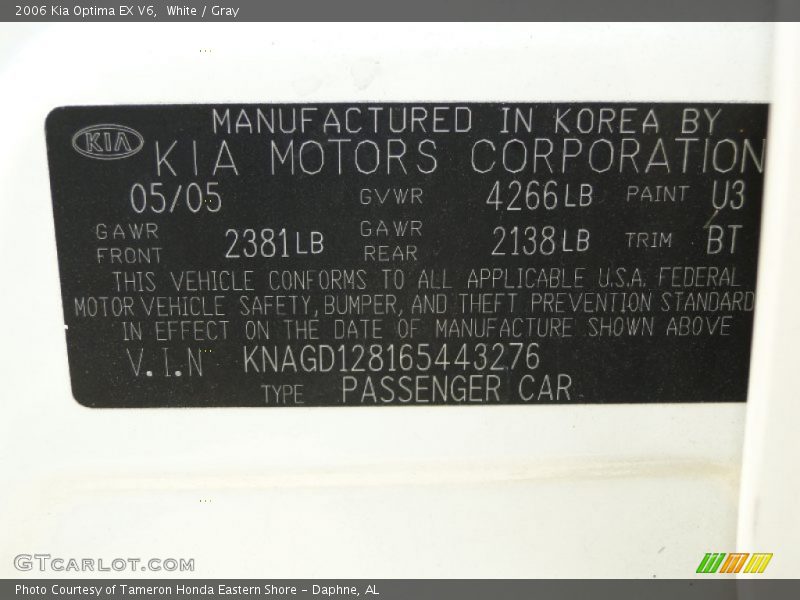 2006 Optima EX V6 White Color Code U3