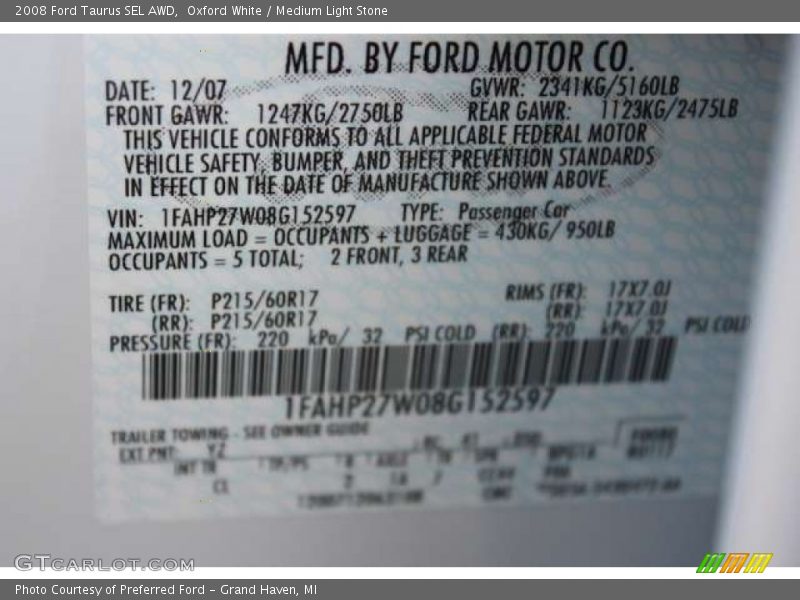 Oxford White / Medium Light Stone 2008 Ford Taurus SEL AWD