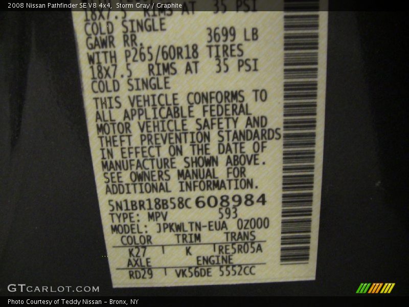 Storm Gray / Graphite 2008 Nissan Pathfinder SE V8 4x4
