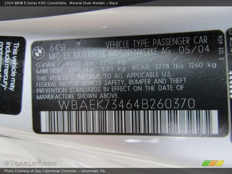 Mineral Silver Metallic / Black 2004 BMW 6 Series 645i Convertible