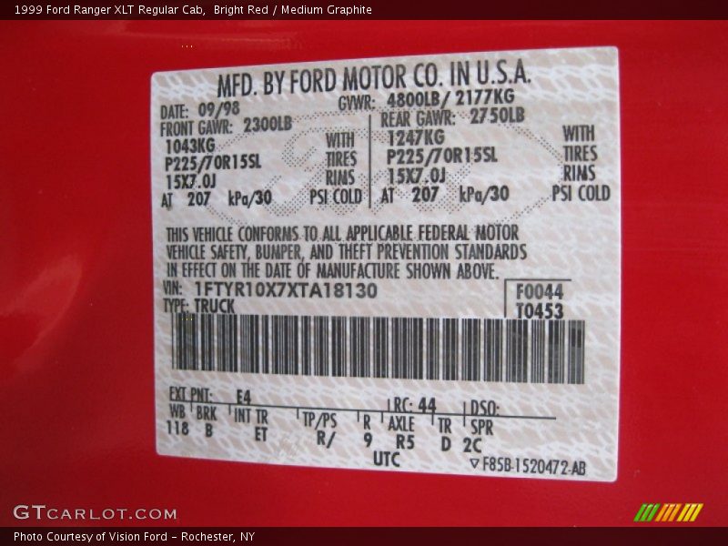 Bright Red / Medium Graphite 1999 Ford Ranger XLT Regular Cab