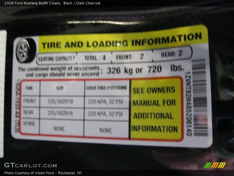 Info Tag of 2008 Mustang Bullitt Coupe