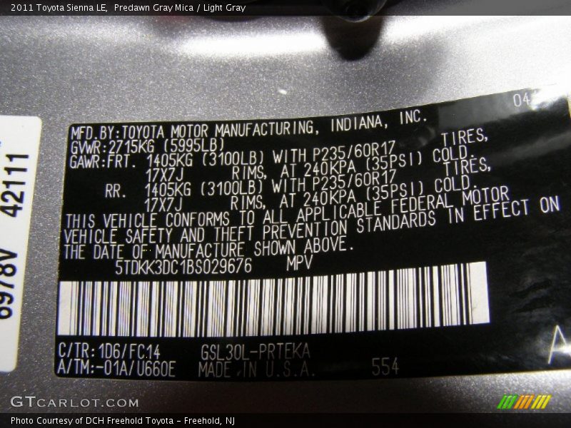 Predawn Gray Mica / Light Gray 2011 Toyota Sienna LE
