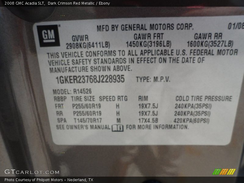 Dark Crimson Red Metallic / Ebony 2008 GMC Acadia SLT