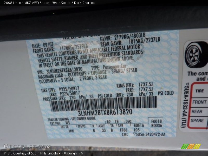 White Suede / Dark Charcoal 2008 Lincoln MKZ AWD Sedan