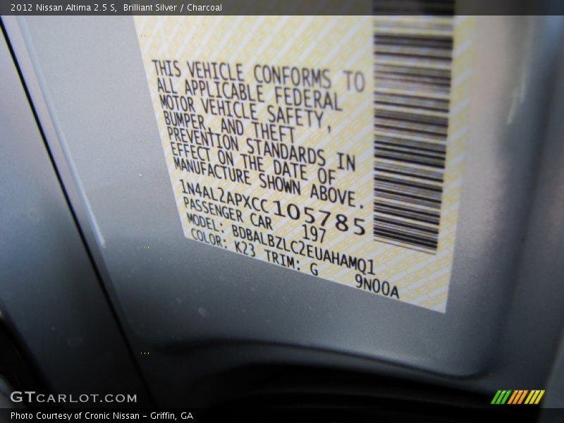 Brilliant Silver / Charcoal 2012 Nissan Altima 2.5 S