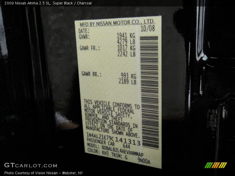Super Black / Charcoal 2009 Nissan Altima 2.5 SL
