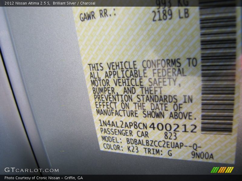 Brilliant Silver / Charcoal 2012 Nissan Altima 2.5 S