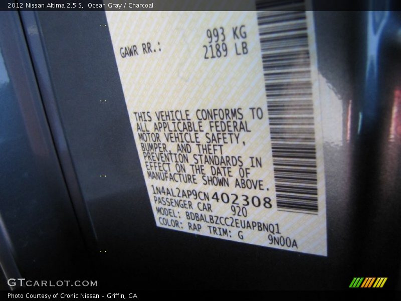 2012 Altima 2.5 S Ocean Gray Color Code RAP