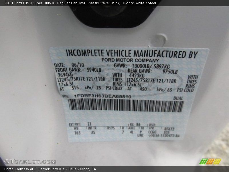 Info Tag of 2011 F350 Super Duty XL Regular Cab 4x4 Chassis Stake Truck