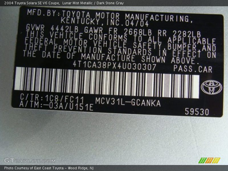 Lunar Mist Metallic / Dark Stone Gray 2004 Toyota Solara SE V6 Coupe