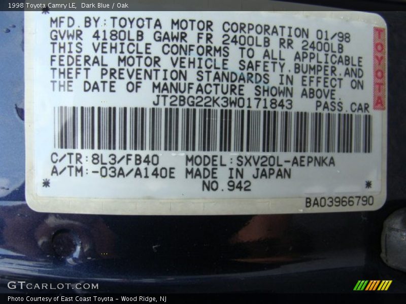 1998 Camry LE Dark Blue Color Code 8L3