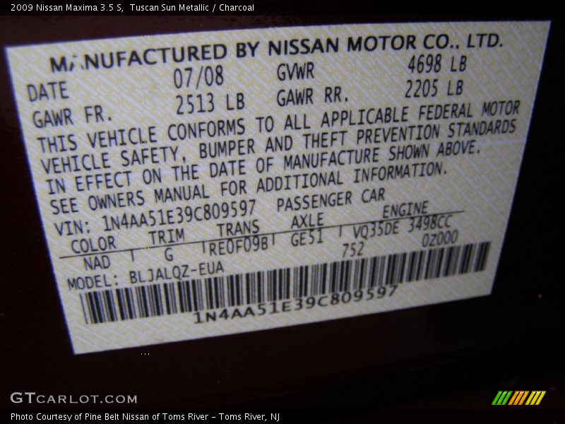 Tuscan Sun Metallic / Charcoal 2009 Nissan Maxima 3.5 S