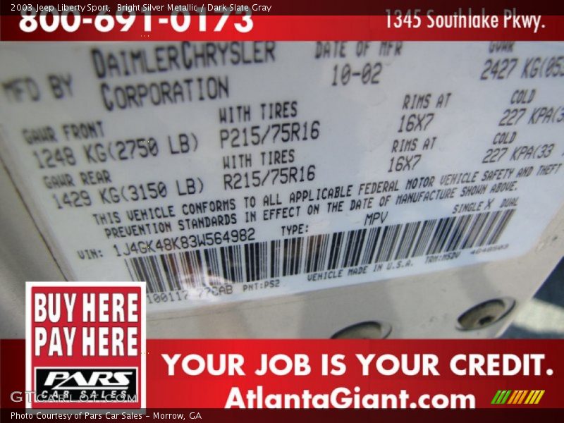 Bright Silver Metallic / Dark Slate Gray 2003 Jeep Liberty Sport