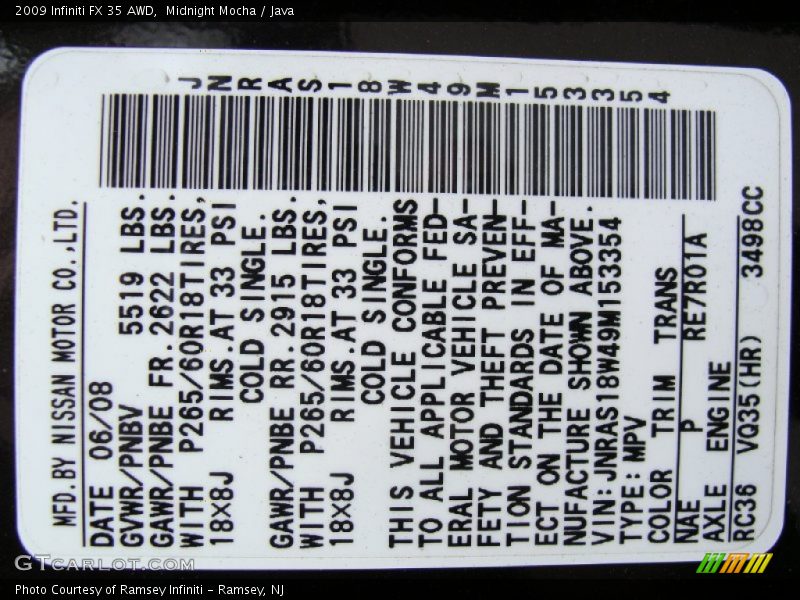 Midnight Mocha / Java 2009 Infiniti FX 35 AWD