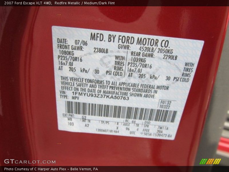 2007 Escape XLT 4WD Redfire Metallic Color Code G2