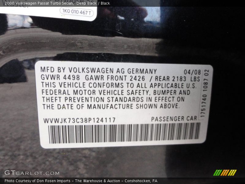 Deep Black / Black 2008 Volkswagen Passat Turbo Sedan