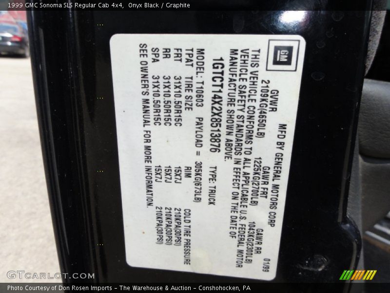 Info Tag of 1999 Sonoma SLS Regular Cab 4x4