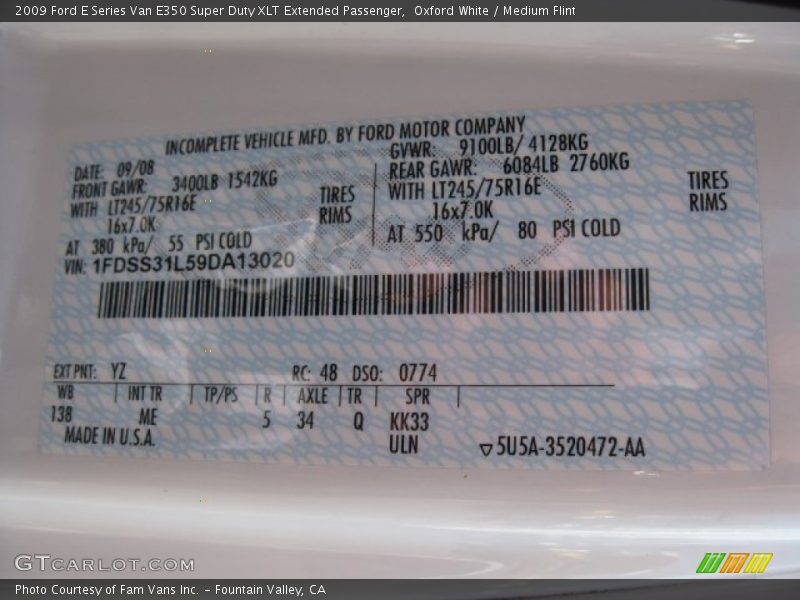 2009 E Series Van E350 Super Duty XLT Extended Passenger Oxford White Color Code YZ