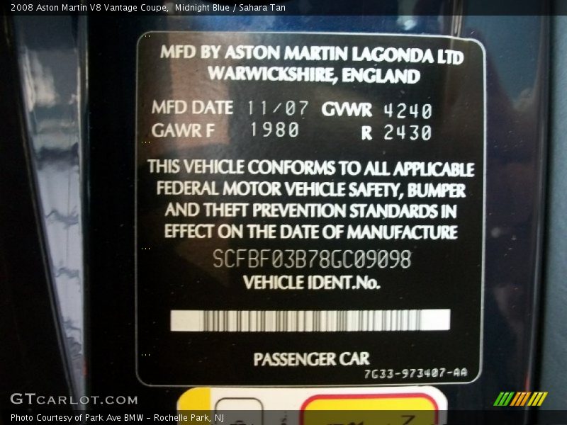 Info Tag of 2008 V8 Vantage Coupe