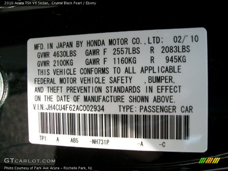 2010 TSX V6 Sedan Crystal Black Pearl Color Code NH731P