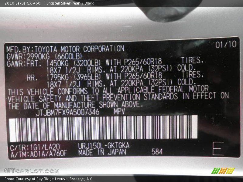 2010 GX 460 Tungsten Silver Pearl Color Code 1G1
