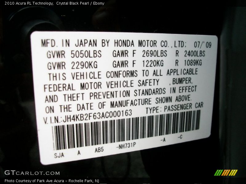 2010 RL Technology Crystal Black Pearl Color Code NH731P