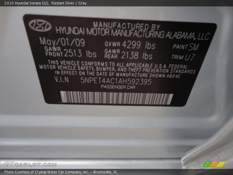 2010 Sonata GLS Radiant Silver Color Code SM