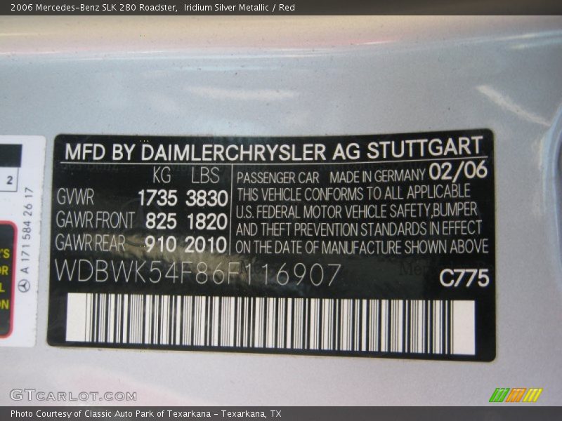 2006 SLK 280 Roadster Iridium Silver Metallic Color Code 775