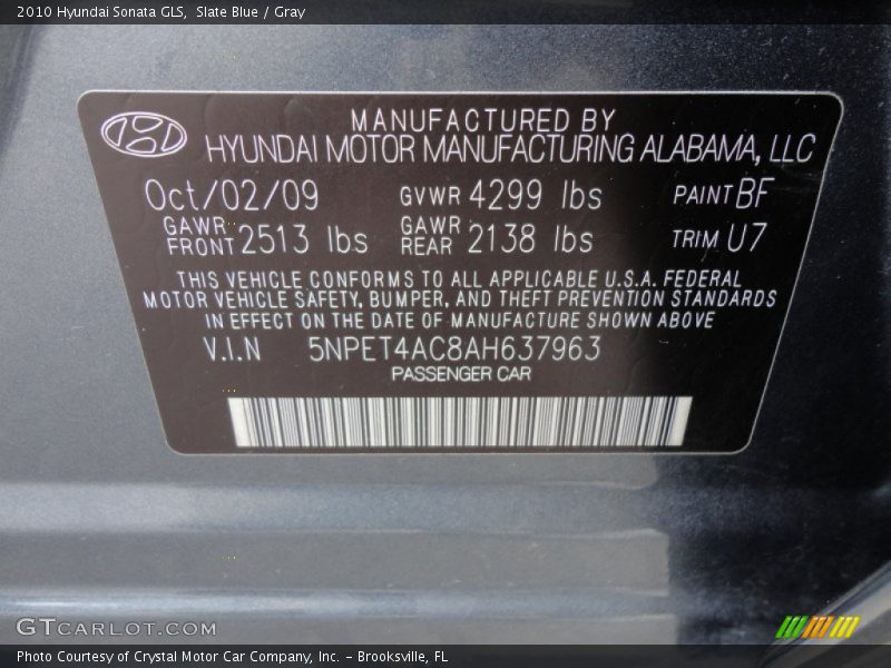 2010 Sonata GLS Slate Blue Color Code BF