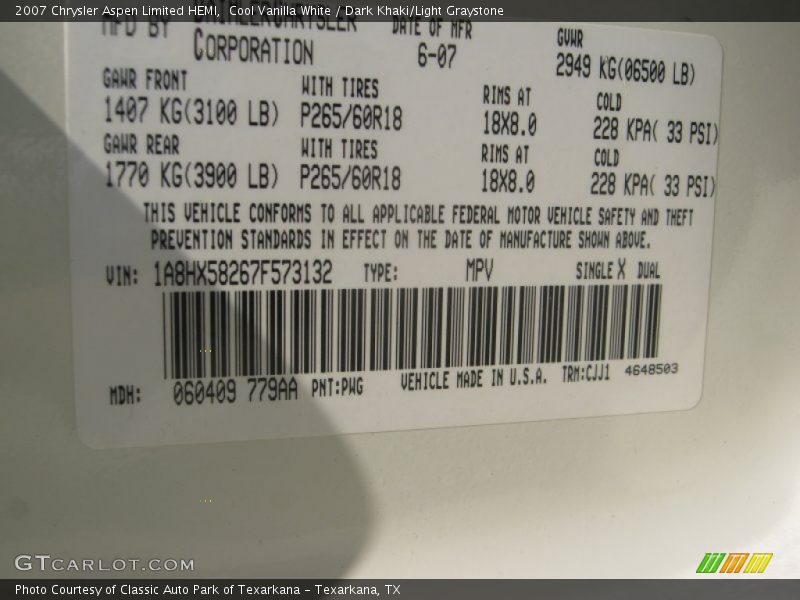 Cool Vanilla White / Dark Khaki/Light Graystone 2007 Chrysler Aspen Limited HEMI