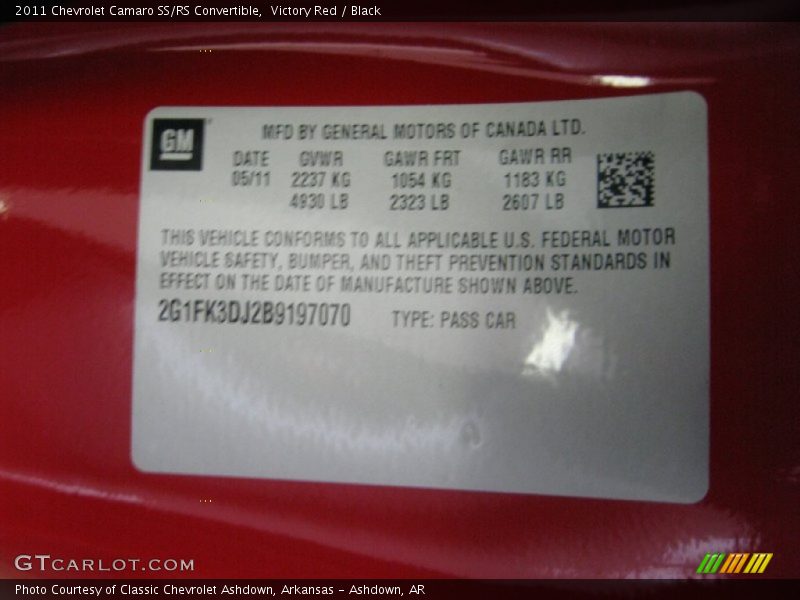 Info Tag of 2011 Camaro SS/RS Convertible